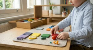 A child matching Montessori colour tablets to real-world objects on a felt mat, pairing a yellow tablet with a lemon slice, a green tablet with a polished stone, and a red tablet with a cherry tomato.
