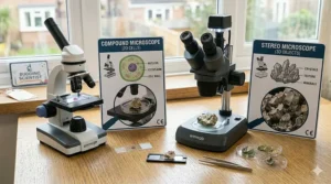 A photorealistic comparison still life, displaying a stereo microscope (for 3D rocks) alongside a compound microscope (for 2D slides).
