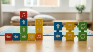 Detailed view of Cubetto’s colourful plastic blocks versus Osmo’s magnetic snapping blocks used for sequencing and loops.