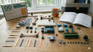 Top-down view of all components in an Arduino starter kit, including resistors, capacitors, and motors.