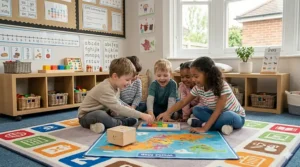 A group of nursery children using the Cubetto robot on a colourful world map mat to learn basic directional logic.