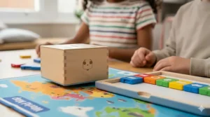 Close-up of the Cubetto wooden robot and its physical interface board used for tactile programming without a screen.
