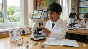 A photorealistic shot of an 8-year-old child successfully using a digital microscope where the specimen image (a bee wing) is displayed on an LCD screen.