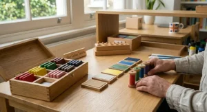 An adult's hands matching colourful wooden thread spools to corresponding fabric textured swatches on a wooden table next to an open Montessori box, demonstrating a home learning extension activity.