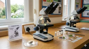 A photorealistic still life of two microscopes on a science bench, demonstrating the difference between top and bottom LED lighting for primary school education.