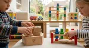 A slightly worn Melissa and Doug wooden toy car stacked with blocks next to a classic Hape wooden stacking ring tower, demonstrating the longevity of the materials on a nursery rug.