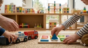 Two children interacting with early years toys, comparing a multi-tiered Hape wooden block tower with a vibrant Melissa and Doug pound-and-tap bench.