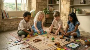 Preschool children playing with a collaborative coding game during nursery playtime in the UK.