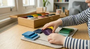 A close-up view of a child organising colour tablets on a mat, sorting blue, purple, and green shades into precise gradations from darkest to lightest.