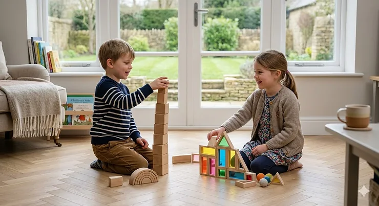 A side-by-side comparison of Grimms vs TickiT wooden toys: British children play with Grimms natural stacking blocks (left) and TickiT translucent sensory blocks (right) on a wooden floor, showcasing natural UK lighting and modern nursery aesthetics. Grimms vs Tickit wooden toys