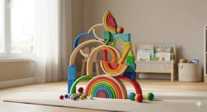 Illustration of Grimms wooden toys used creatively to build an imaginative, non-prescriptive sculpture, such as a bridge or a marble run.