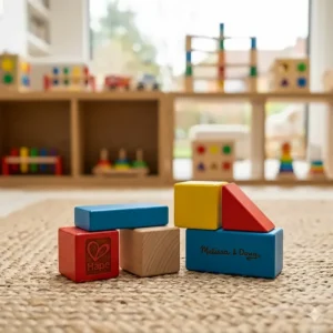 A selective focus macro shot of a red wooden toy block stamped with the Hape logo and a blue block stamped with the Melissa and Doug logo, resting on a woven sisal rug with a blurred nursery background.