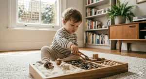 A wicker treasure basket filled with natural Montessori sensory objects, including a wooden brush, metal spoon, and large pinecone for a British toddler.