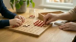 A 4K photorealistic photograph capturing a child’s and mother’s hands working on a wooden hundred board Montessori grid on an oak table. They have placed 7 beads horizontally and 3 beads vertically to multiply 7x3, creating a visual bead layout. A card marked '7x3=21' is next to the board. The atmosphere is warm and relaxed for a home maths lesson.
