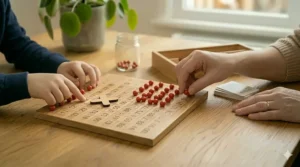 A clean, vector-style illustration (illustration 8) showing a diagram of a ten-by-ten hundred board Montessori template, presented as a clear worksheet for a maths guide. It includes a few placeholder red bead graphics to indicate problem-solving and skip counting activities. This is designed for home education use in a clean classroom aesthetic.