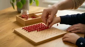 A high-detail 4K photograph capturing the hands of an adult and child working together to populate rows of a wooden hundred board Montessori grid with red beads. They are focused on completing rows 3 and 4, demonstrating number sequencing beyond 1-20 in a natural, light-filled domestic setting.