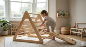 A wooden Pikler-style climbing triangle in a minimalist British nursery for gross motor play.
