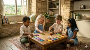 An interactive coding robot toy with bright buttons, encouraging fine motor skills in four-year-olds.