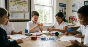 An illustrative graphic showing how electronic kits align with the UK National Curriculum Key Stage 2 science and electricity modules.