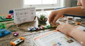 A child using littleBits to prototype a smart home device, showcasing the "Invention Cycle" and open-ended creative play.