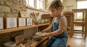Neatly arranged low wooden shelves displaying child-sized ceramic plates, glasses, and bowls for independent table setting.
