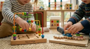 A side-by-side shot of a toddler manipulating a Melissa and Doug Latches Board and another toddler sliding a hand into a Hape wooden sensory sorting cube on a natural woven rug.