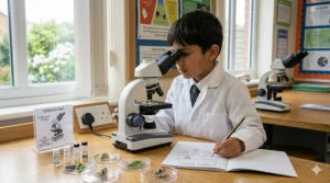 A photorealistic, high-detail shot of a primary school boy in a lab coat, looking into a microscope and writing in a science notebook.