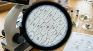 A photorealistic rendering of the actual view through the eyepiece: a 40x magnification of stained onion cells showing cell walls.
