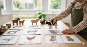 Realistic animal figures paired with matching printed cards for toddler language development.
