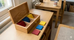 A close-up shot of an open oak storage box displaying pairs of primary colours—red, yellow, and blue—with three individual colour tablets laid out neatly on the wooden table surface in front of it.