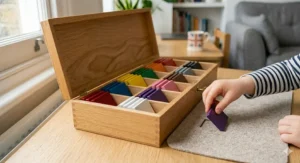 A child's hand reaches into a large wooden Montessori box divided into compartments, selecting a purple colour tablet to place onto a woollen work mat.