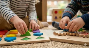 Close-up of a child's hands placing a green triangle into a Melissa and Doug shape-sorting board next to another child's hands turning interlocking wooden gears on a Hape activity plaque.