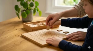 A close-up photograph of a child's hand (aged 5) carefully placing a wooden tile with the number '1' onto the first grid square of a wooden hundred board Montessori maths material. A compartmentalised storage box with additional tiles, the mother’s hand, and a potted Pilea plant are visible under natural window light.