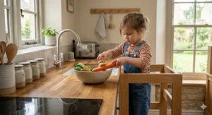A toddler standing safely on a wooden Montessori learning tower to reach a kitchen worktop and help wash vegetables.