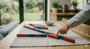 A photorealistic 4K close-up photograph capturing a child's hand carefully placing the smaller red Montessori number rod (quantity 1) and the longer alternating red and blue number rod (quantity 3) end-to-end, aligned precisely below a single, continuous alternating red and blue rod (quantity 4) to demonstrate a simple addition concept.