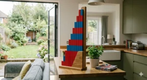 A photorealistic 4K detailed shot showcasing the complete set of ten alternating red and blue Montessori number rods stored vertically in a custom wooden oak stand on a kitchen island, featuring a Union Jack tea towel and potted herb in a modern British home.