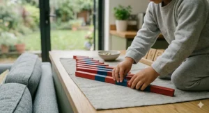 A photorealistic 4K close-up photograph capturing a young child's small, focused hands meticulously aligning the red and blue segments of the number rods on a light grey textured mat, emphasizing tactile learning and fine motor development.