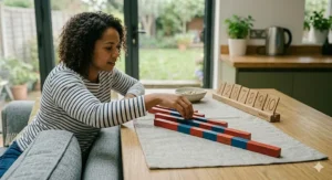 A photorealistic 4K photograph capturing a parent and child sitting on a grey sofa in a modern British open-plan home, practicing early maths by placing the red and blue handcrafted Montessori number rods onto a light-coloured textured activity mat spread over an oak work surface.