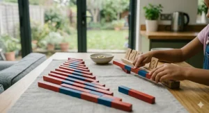 A photorealistic 4K detailed shot in a modern British kitchen, showing a child's small hands carefully counting the segments of the number three Montessori rod from the full set, demonstrating tactile learning of quantity.