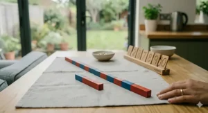 A photorealistic 4K detailed shot on an oak worktop contrasting the shortest red Montessori number rod and the longest alternating red and blue number rod side-by-side, demonstrating the visual concept of length difference.