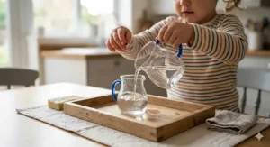 A child-sized wooden tray with two small glass jugs for Montessori pouring exercises.