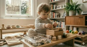 An 18-month-old toddler using a safe wooden knife to slice a banana on a low table, a classic Montessori practical life sensory activity.