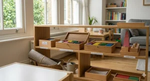 An open wooden shelf in a tidy UK nursery setting holding neatly labelled boxes for Montessori Colour Tablets Box 1, Box 2, and Box 3 alongside other classic sensorial materials.