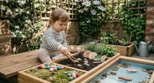 A child using a wooden Montessori sensory table filled with water and scoops in a UK garden, encouraging tactile exploration for 18 months plus.