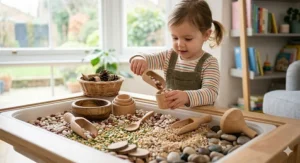 Wooden scoops and bowls in a sensory bin filled with dried pulses for tactile exploration.