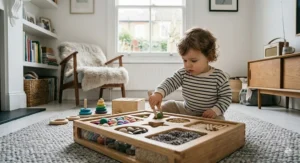 An 18-month-old sorting smooth, colourful wooden rings onto pegs, demonstrating a Montessori sensory toy that builds fine motor skills.
