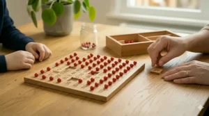 A photorealistic image from a slightly elevated angle, capturing an adult's and a child’s hands filling a wooden hundred board Montessori grid with red beads. They are selectively highlighting key numbers to differentiate odd and even number patterns. A potted Pilea plant is softly blurred in the background.