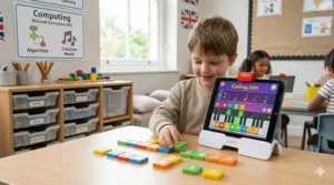 A Year 1 pupil using Osmo Coding Jam to create music, demonstrating creative computing skills aligned with the UK National Curriculum.