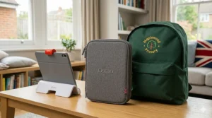 The compact Osmo storage container shown next to a standard school rucksack to illustrate portability for UK home learning.