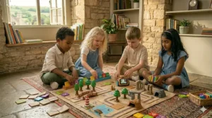 A parent and child engaging together with an educational STEM coding toy at home.